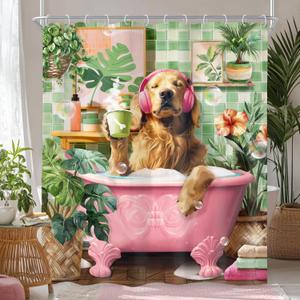 Riyidecor Funny Dog Shower Curtain,Kids Cute Fun Pet in Bathtub,Tropical Leaves Palm Leaf Plant Greenery Hilarious Bubbles Bathroom Decor Fabric Polyester Waterproof 12 Pack Hooks 60Wx72H Inch