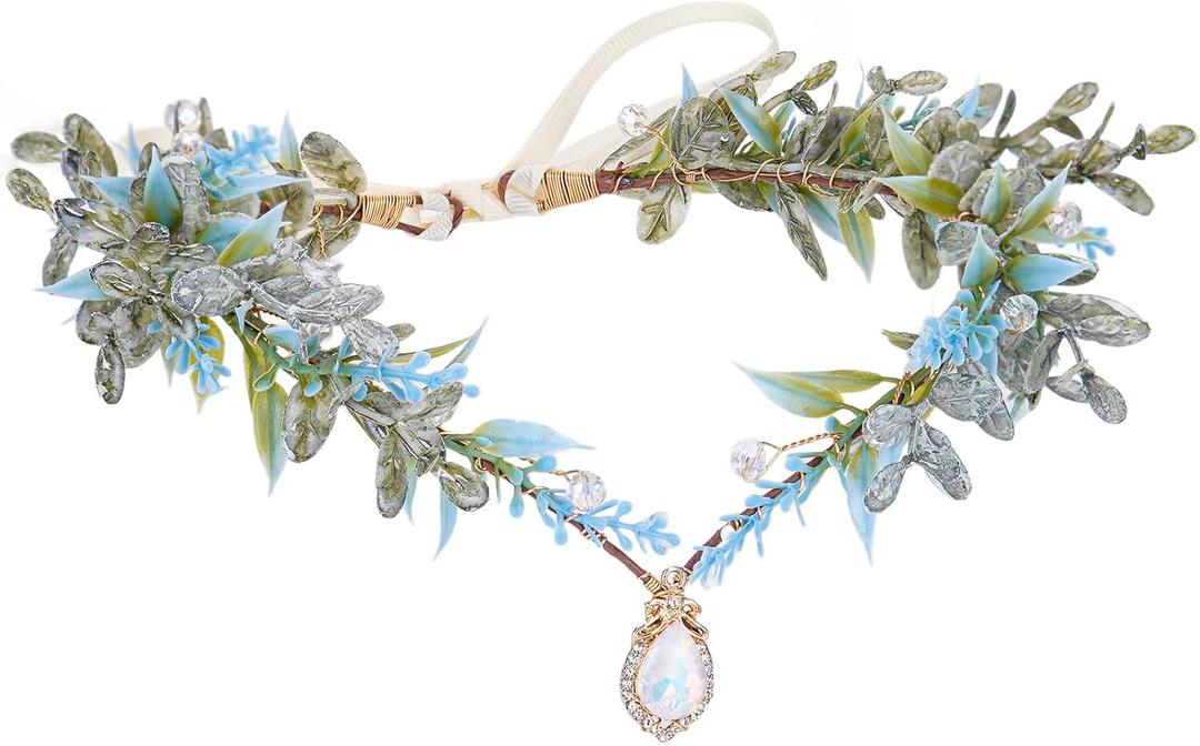 MOSTORY Woodland Flower Fairy Crown - Floral Elf Circlet with Rhinestone for Renfaire Accessories Women Renaissance Cosplay
