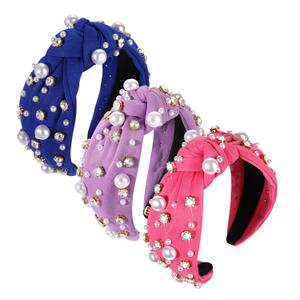 3 Pack Pearl Knot Headbands Rhinestone Jeweled Knotted Headband for Women Girls Fashion Wide Twist Boho Spring Summer Wedding Party Head Band Hair Accessories Gift