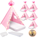 6 Pack Sleepovers Teepee Tent for Kids Bulk with Mattress Sheet Light,Natural Cotton Washable Indoor Play Tent for Birthday Slumber Party Girls Boys Pajama Movie Night Supplies(Light Pink)