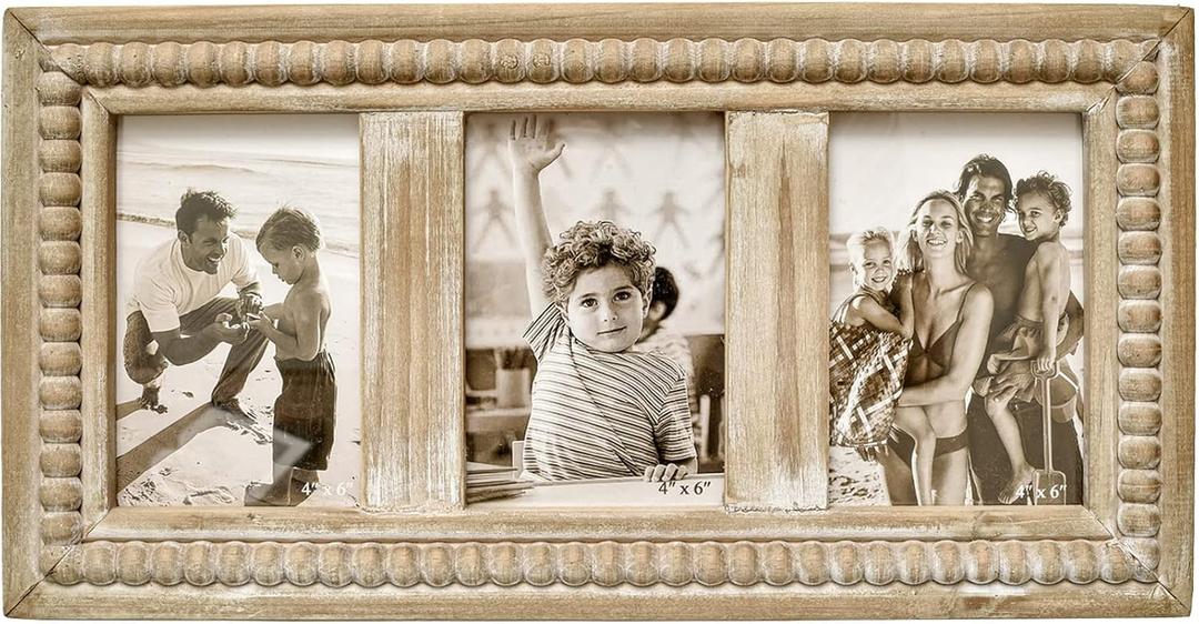 Rustic Distressed Picture Frames Collage with Decorative Beads, 3 Opening 4x6 Photo Frames Farmhouse Picture Frame for Table or Wall Hanging, Gift Idea for Family and Friends