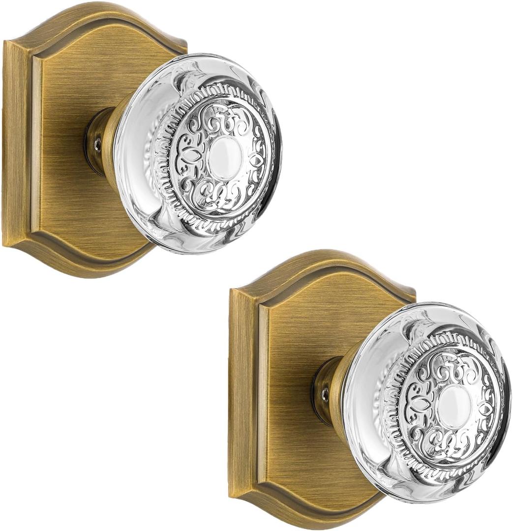 2 Pack Crystal Glass Dummy Door Knob, Hall and Closet Dummy Door Knob Non-Turning Single Side, Antique Brass