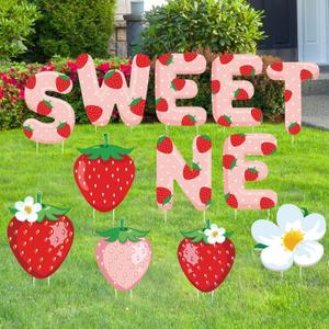 Liliful 12 Pcs Strawberry Birthday Party Decorations Yard Signs with Stakes Sweet One Baby Shower Decor Strawberry Outdoor 1st Birthday Party Lawn Sign Garden Decor