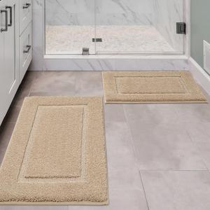 Bathroom Rugs Sets 2 Piece, Ultra Absorbent Soft Bath Rug, Machine Washable Microfiber Non-Slip Bath Mat for Bathroom Floor, Tub, Toilet, Shower Room, Beige
