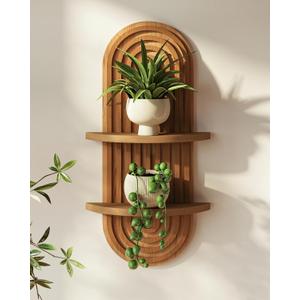 Bamworld Boho Wall Decor Brown Plant Wall Shelf, Mid Century Modern Decor Hanging Plant Shelf, 2-Tier Wooden Floating Shelves for Home, Bathroom Bedroom Living Room, Office Holding Planter Decoration (16.9'' Single)