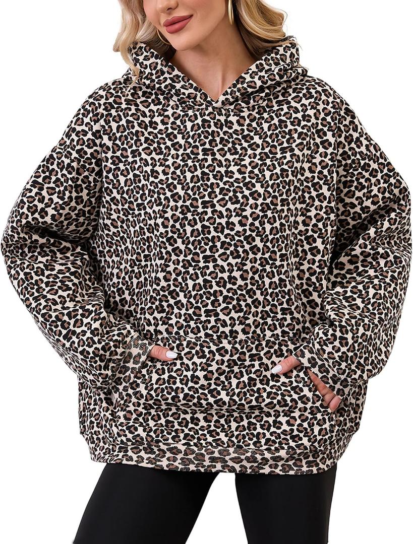 Womens Camo Hoodies Maple Leaf Print Oversized Hooded Sweatshirt Fleece Pullover Sweatshirts Long Sleeve with Pocket (Medium, Leopard Brown)