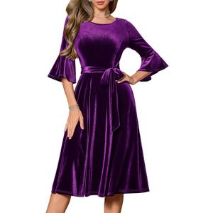 HomRain Women's Long Sleeve Velvet Midi Dresses for Wedding Guest Church Formal Winter Christmas Cocktail Party, Purple