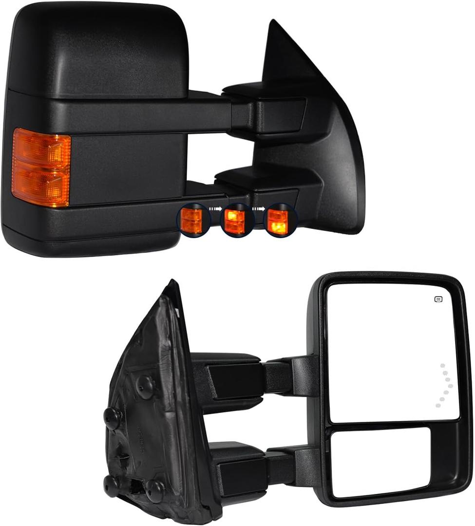 AERDM Towing Mirrors Compatible with 1999-2016 Ford F250 F350 F450 F550 Super Duty Amber LED Turn Signal Light Side Mirrors Power Adjustable Heated glass Telescoping Driver Passenger Pair Set Black