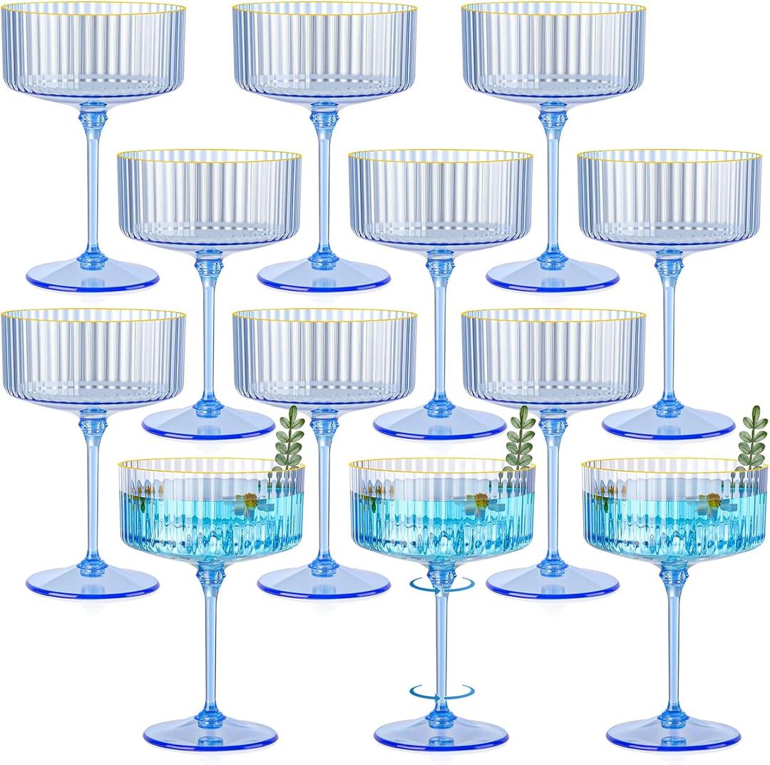 12 PCS Plastic Champagne Coupe Cup Ocean Blue Ribbed Coupe Glasses 10oz Detachable Gold Rim Espresso Martini Glass Vintage Margarita Glassware Cocktail Glass Set for Baby Shower Hanukkah