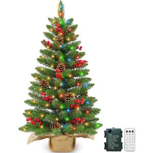 3 ft Artificial Mini Christmas Tree, Remote Control and Timer, Tabletop Small Christmas Trees 50 Warm White&Colorful Dual Color Lights 110 Tips 12 Pinecones 12 Red Berries Burlap Base Home Xmas Decor