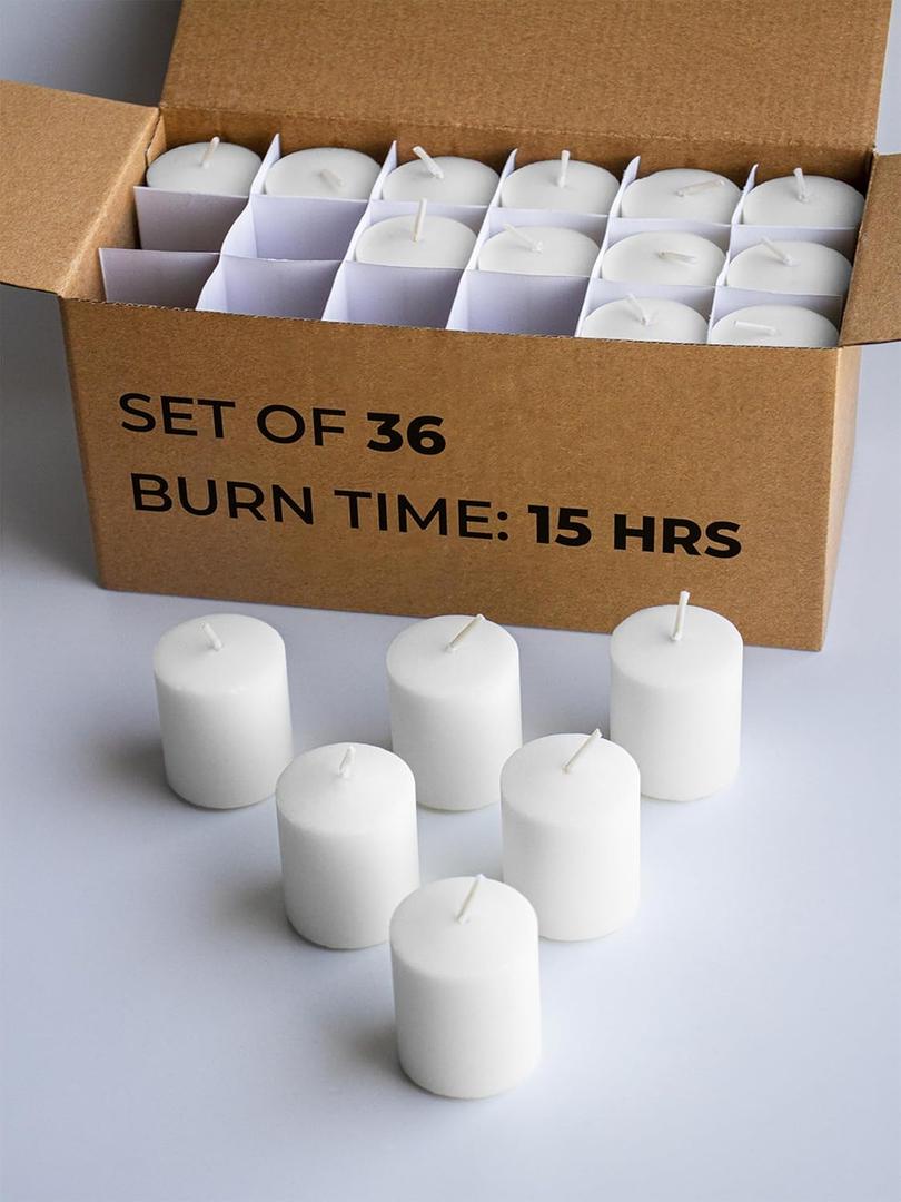 CANDWAX Unscented White Votive Candles Set of 36 - Clean-Burning, Long-Lasting 15 Hour Burn - Ideal for Weddings, Home Dcor, Spa, Events - Bulk Value for Versatile Use