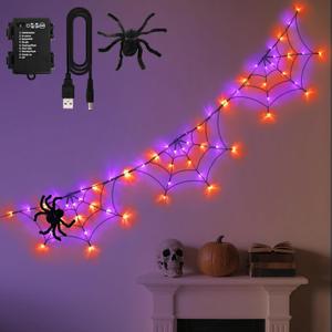 Halloween Decorations Spider Web Lights 6FT 60LED Battery Operated/USB Powered with Black Spider with Timer 8 Modes Indoor Outdoor for Halloween Decor, Orange&Purple