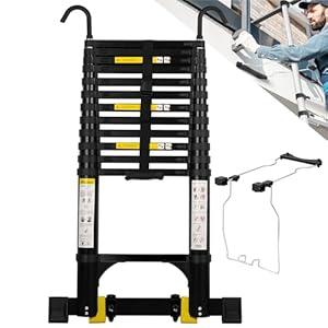 Wolec Telescoping Ladder&Ladder Stabilizer, 20.3 FT Aluminum Portable Extension Ladder w/ Hooks, Stabilizers& Wheels, Heavy Duty 330lbs Max Capacity -Black