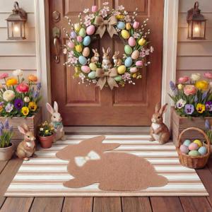 Tinideya 2 Pcs Bunny Door Mat Rabbit Welcome Non Slip Coir Mats Brown and White Stripe Floor Layering Doormats Seasonal for Front Porch Entryway Decor(Rabbit), 23.6 x 35.4 Inches