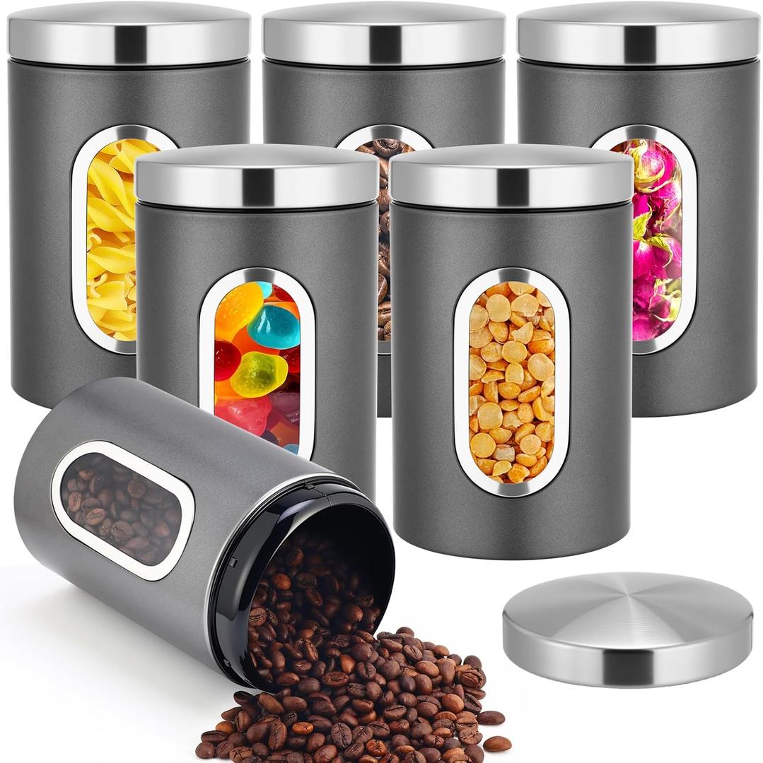 Zopeal 6 Pack Graphite Canisters Sets for Kitchen 50oz Stainless Steel Kitchen Canisters with Transparent Windows Flour Sugar Container Metal Jar Countertop Set for Coffee Tea Decorative