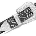 Women Rhinestone Belt, Bling y2k Western Cowgirl Men Cowboy Faux Leather Studded Belts for Jeans Pants (Black)