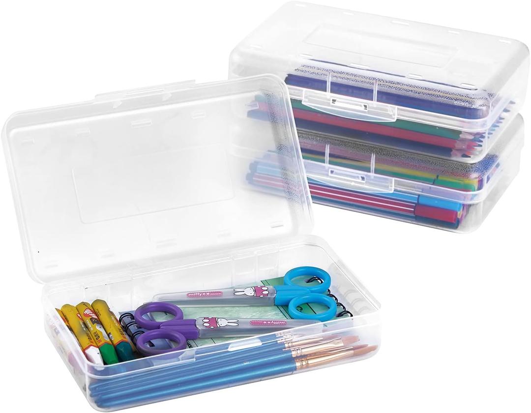 Sooez 3 Pack Pencil Case, Large Hard Pencil Box Bulk, Clear Crayon Box Marker Pen Organizer, Plastic Storage Container with Snap Lid, Stackable Art Craft Organizer Back to School Supplies, Clear