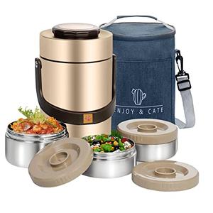 Pawovdeq 67 oz Adults Stainless Steel Vacuum Insulated Wide Mouth Soup Food Thermo Hot Food Jar with Keep Thermal Portable 3 Tier Stackable Bento Hot Food Containers Lunch Boxes (67 oz Gold)