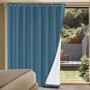 H.VERSAILTEX Linen Blackout Curtains Durable Thick Textured Linen Look 100% Blackout Patio Door Curtain Anti Rust Grommet Extra Wide Sliding Door Curtain Panel, Blue Sapphire, W100 x L96 inch