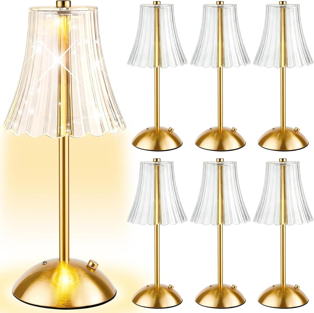 6 Pcs Cordless Table Lamp Gold Cordless Battery Operated Touch Table Lamps Rechargeable 3 Color Dimmable LED Portable Flower Lamp for Bedroom Living Room Kitchen Dining Outdoor