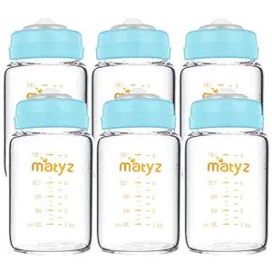 Matyz Glass Breastmilk Storage Bottles, 6 Pack, 6 oz, Compatible with Spectra Medela Breast Pump  Freezer Safe Storage Bottles Set  Wide Mouth Breastmilk Storage Containers  No BPA (Blue Lids)