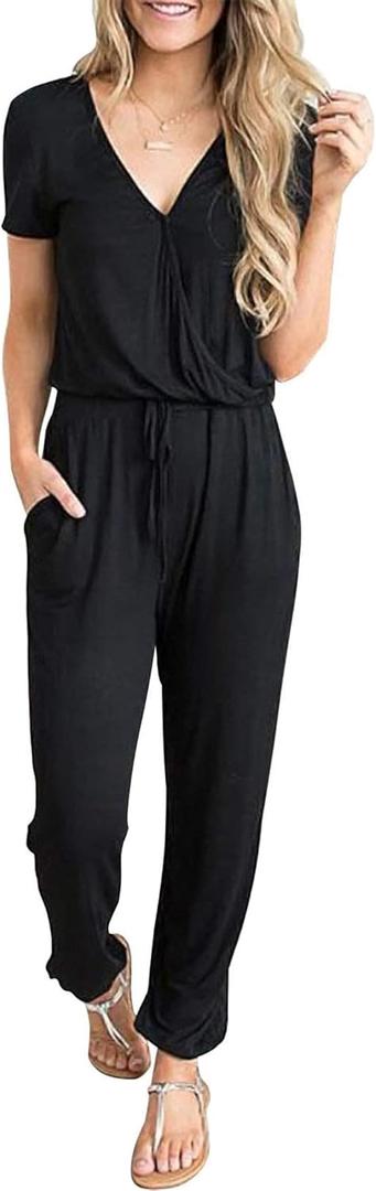 PRETTYGARDEN Jumpsuits for Women Dressy 2025 Summer Casual Short Sleeve Romper Spring Airport Beach Vacation Travel Outfits (X-Large, Black)