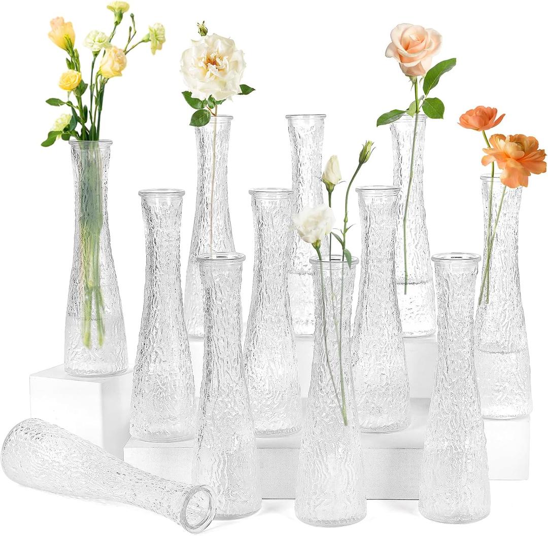 Glass Bud Vases Bulk 12 Pcs - Clear Ribbed Wedding Centerpiece Vases, Small Flower Vases for Table Decor, Party Events & Home Decor