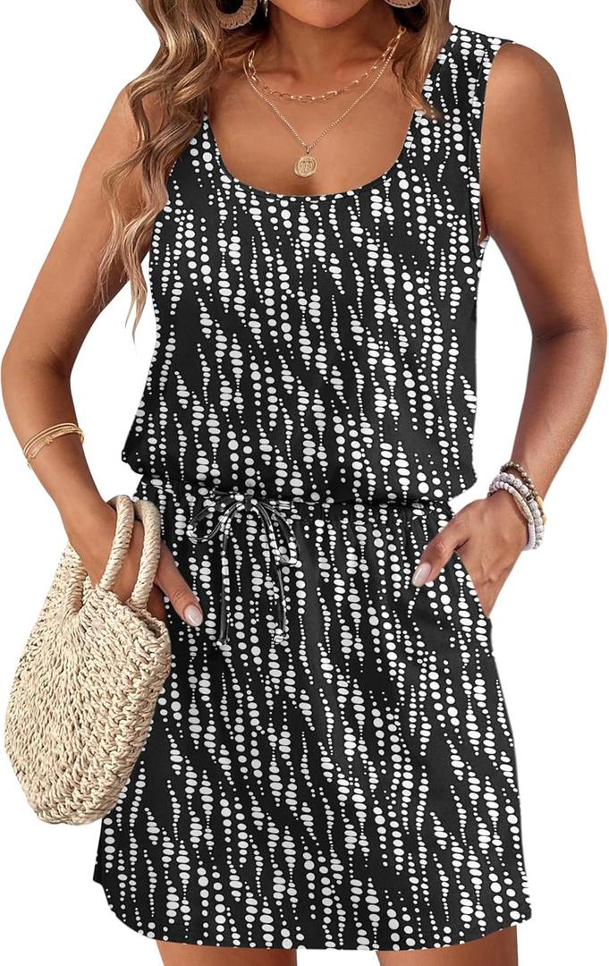 AUSELILY Summer Dresses for Women 2026 Casual Sleeveless Drawstring Waist Beach Cover up Mini Short Dresses with Pockets (Black, XXL)