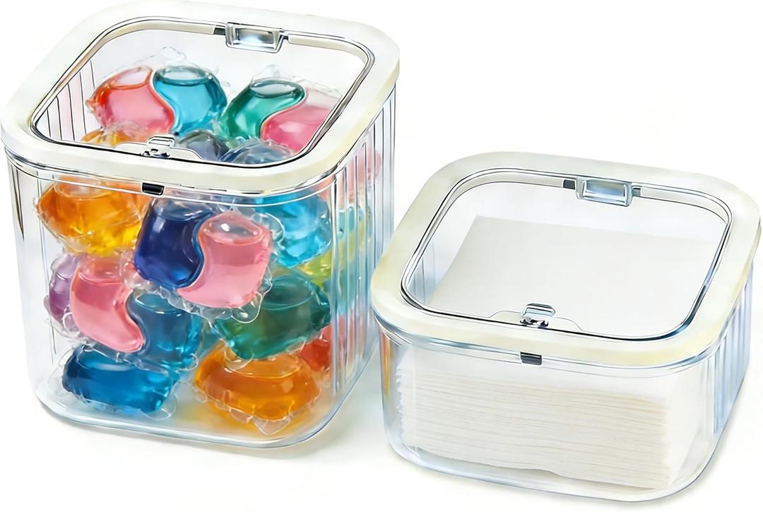 2 Pack Laundry Room Organization Containers, Clear Laundry Organizer & Laundry Pods Container for Pods & Powder, Laundry Room Organization and Storage with Dryer Sheet Holder