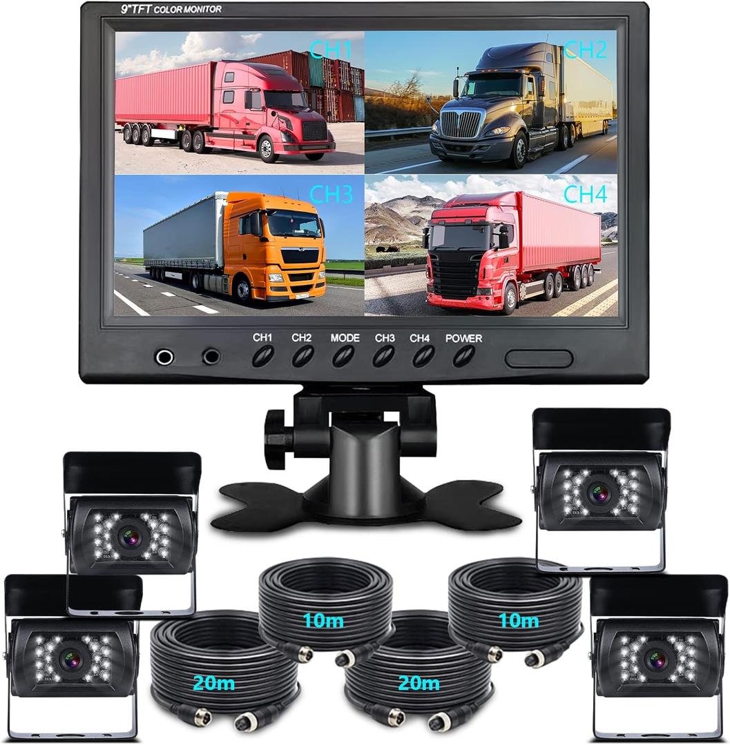 Hodozzy 9 Inch Backup Camera Monitor System with Quad Split Screen, 4 Channel Input, Waterproof Rear View Camera with 18 IR Night Vision, Easy Installation for Truck RV Trailer Vans