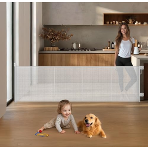 HOMEAL 100inch Retractable Baby Gate Extra Wide, Large Openings Safety Baby Gate, Long Retractable Mesh Dog Gate for Stairs, Doorways, Hallways, Indoor, Outdoor(White, Extends to 98.5" Wide)