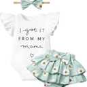 Baby Girl Clothes, Girl Summer Outfit Romper Sets Ruffle Short Sleeve Top+ Shorts+ Bow Hairband 3Pcs Set (Newborn, White+ bluish Green)