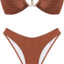 ZAFUL Womens Bandeau Bikini Set Metallic Sparkly O Ring Lace Up Tie Side High Cut Tanga Sexy Bathing Suit Swimwear, A-Brown, (Small)
