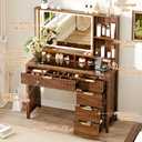 Arulvmrn 43.3'' Vanity Desk with Mirror and Lights, with Glass Tabletop, with 5 Drawers & Shelves,Makeup Vanity Set for Bedroom, Walnut