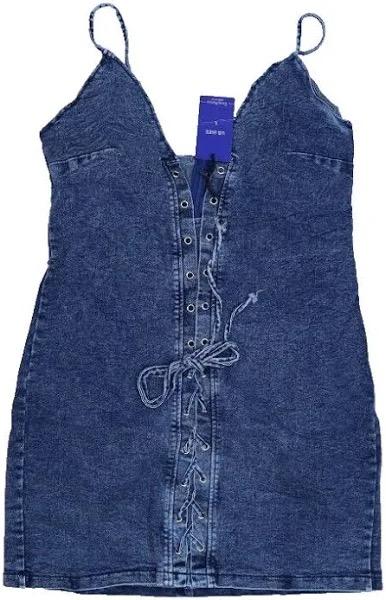 ChouYatou Women's Sexy Spaghetti Strap Lace-U Up Party Club Mini Denim Sun Dress, Size L