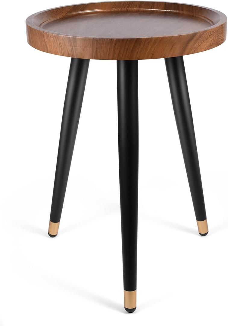 Plant Stand Indoor, Mid Century Walnut Wood Plant Table, Heavy Duty Metal Tall Flower Pot Stand, Modern Round Small Side End Table with Raised Design (12"x17")