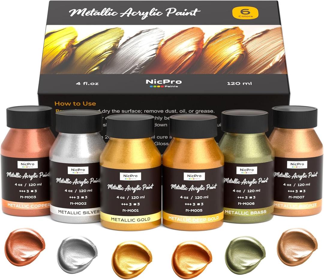 Nicpro Acrylic Paint Metallic, 6 Colors Gold, Silver, Copper, Brass, Bronze, DeepGold, 24oz/720ml Gold Leaf Paint, Non Toxic, Non Fading Paints for Art Painting, Handcrafts, Ideal for Multi-surface