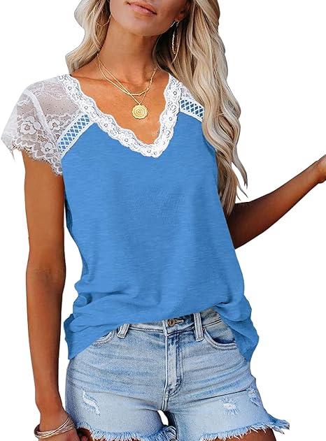 KINLONSAIR Women's Crochet Lace Basic V-Neck T-Shirts Short Sleeve Loose Fitting Tunic Tank Tops, Size: M