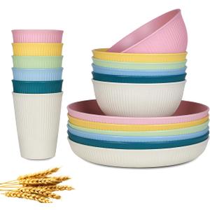 18pcs Wheat Straw Dinnerware Sets, Unbreakable dish Set Reusable Plates, Bowls, and Cups Set dishes Dishwasher Microwave Safe for Kitchen Outdoor Travel Camping (Light Macron)