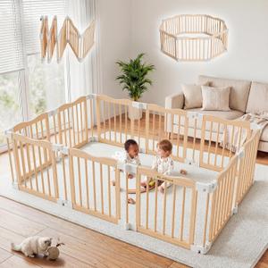 Wooden Baby Playpen, Natural Solid Wood Playpen, 66 x 45 x 24 inches