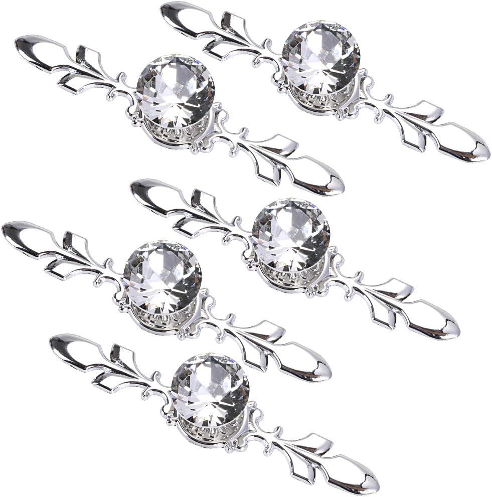 Sumnacon Drawer Dresser Knobs Pull Handles - Crystal Glass Diamond Decorative Knobs with Plate, Cabinet Cupboard Door Knobs with Screws for Kitchen Bathroom Office Decoration Pack of 5 (6.7 Inch, Silver)