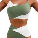 Herseas Women 2 Piece High Waisted Bikini Sets Color Block Popular Swimsuit 2026 Summer Beach Best Bathing Suits L