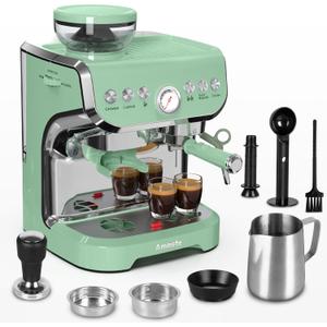 Amaste Espresso Machine with Grinder, 15 Bar Espresso Machine with Steam Wand for Latte and Cappuccino, 68Oz Water Tank, Pre-Infuse Brewing, Espresso Coffee Maker for Home Use, Barista Kit, Green