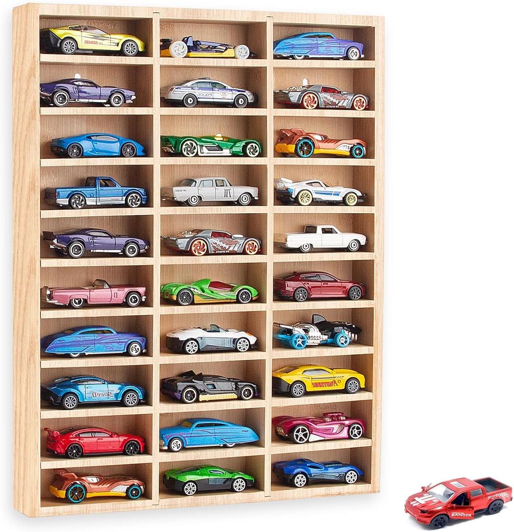 Stylish Wood Toy Cars Display Case with Removable Shelves, Wall-Mountable Organizer for Toy Cars and Matchbox Cars, Includes Hanging Screws (Wood-30 Slots)