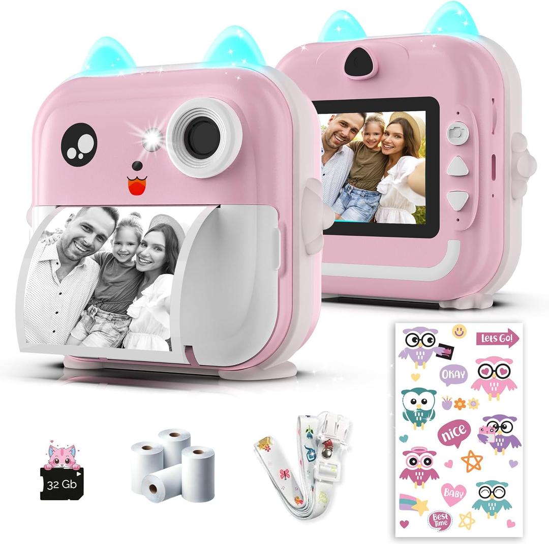 Kids Camera Instant Print - 48MP Dual Lens, 1080P Video, Thermal Printing with 4 Paper Rolls - Fun Filters, Stickers & Games - Bluetooth App, 32GB Card - Gift for Girls & Boys Ages 3-12 (Pink)