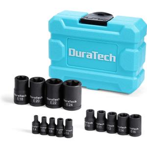 DURATECH 14-Piece External Star Impact Socket Set with Storage Case, E4 to E24, 1/4, 3/8, 1/2 Drive Female E-Torx Torque Socket for Working with Impact Wrench, Cr-V Steel