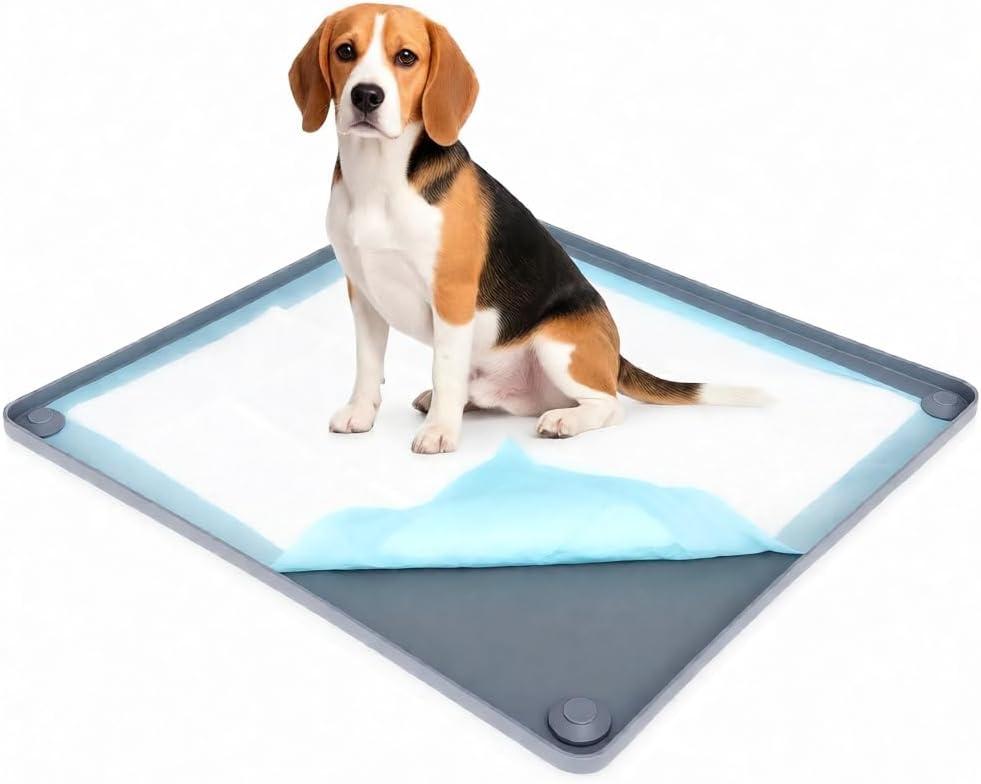 Nuanchu Pee Pad Tray Holder for Dogs, 23 x 23 Inch Silicone Dog Puppy Pad Holder with Four Fixed Points Stable Grip, Raised Edges, Quick-Wipe Dog Potty Tray for Indoor Flooring Protection