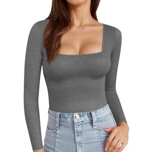 MANGOPOP Womens Square Neck T Shirts Long Sleeve Short Sleeve Tops Fitted Tees, Size S
