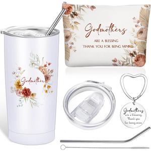 Sieral 3 Pcs Godmother Proposal Gifts Set Mother's Day 20 oz Stainless Steel Tumbler Makeup Bag Keychain from Godchild for Mother Women Birthday Gifts Ideas(Boho Flowers)