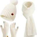 Coolprince Womens Long Scarf Gloves and Hat Set Cold Weather Hat Scarf Glove Set for Women Winter Beanie Hats with Pom Pom (One Size, White)